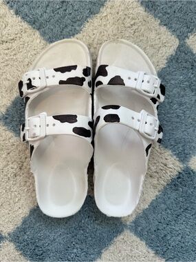 Cow-Print Double Strap Slide Sandals - White/Black